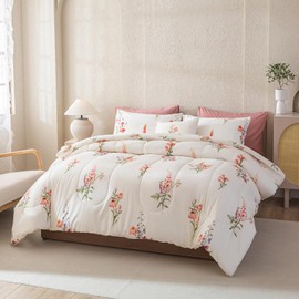 Merryword 6 Pcs Bed in a Bag Twin Pink Flowers Comforter Set Pastoral Style Bedding Set with 1 Comforter, 2 Pillowcases, 1 Flat Sheet, 1 Fitted Sheet, 1 Cushion Cover