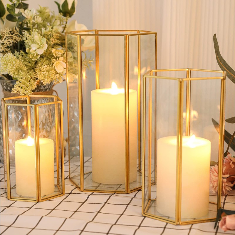 Glass Hurricane Candle Holder, Set of 3 Large Clear Hexagon