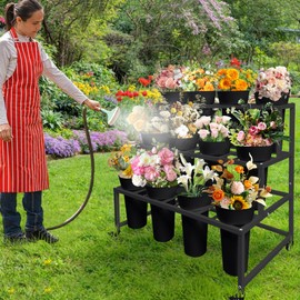 PROLEE Flower Stand with 12 Buckets, Flower Display Stand with Wheels, Flower Cart, Moving Florist Bouquet Shelf, Rectangular, White