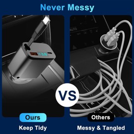 Retractable Car Charger, Fast Car Phone Charge, Type C Retractable Cables and 2 USB Ports Car Charger Adapter, Compatible with Phone 16 15 14 13 12 11 Pro Max