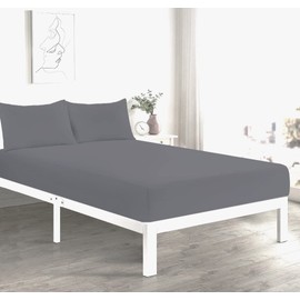 Fitted Bed Sheet With FREE Pillow Case Poly Cotton GREY DOUBLE
