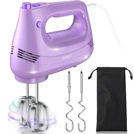 Electric Hand Mixer with Stainless Steel Whisk, Dough Hook Attachment and Storage Bag, Handheld Mixer for Baking Cakes, Eggs, Cream Food Mixers. Turbo Boost /5 Speed Kitchen Blender PURPLE