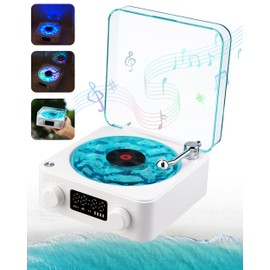 FAITIO Waves Vinyl Bluetooth Speaker, Vinyl Record Player Style Speaker with Ocean Sound White Noise, Retro Bluetooth Speaker with Ambient Light, Mini Record Player Cute Speaker, Blue