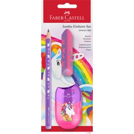 FABER-CASTELL 111528 Unicorn Writing Set with Jumbo Pencil, Sharpener and Eraser, School Set for Children