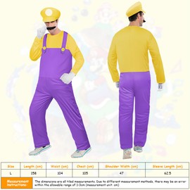 Aomig Mario Costumes, 4 Pack Mario Cosplay Costume Accessories Kits with Bodysuit, Luigi Hats Cap, Mustaches, White Gloves, Mario Luigi Bros Fancy Dress Outfit Costume for Party World Book Day