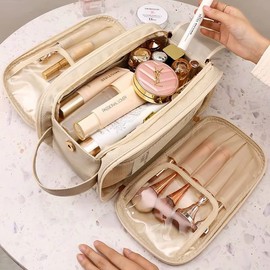 Large Stand Up Makeup Bag ,Travel Makeup Bag with Foldable Magnetic and Detachable Dividers, Waterproof Portable Multi Zone Storage Makeup Bag for Women, Ideal for Travel & Vanity Use 