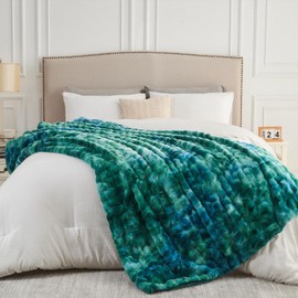 NEWCOSPLAY Faux Fur Twin Blanket Tie-dye Dark Teal Luxury Fluffy Thick Warm Bubble Blanket for Couch Sofa Bed 700GSM (Tie-dye Dark Teal Bubble, Twin(60"x80"))