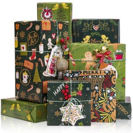 Toptime Christmas Wrapping Paper, 6 Sheets Green Gift Wrapping Paper Set w/Gift Tags, Gift Ribbon and Stickers, Green Christmas Gift Wrap w/Christmas Tree Snowflake for Holiday, Xmas (27.6"×19.7")