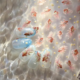 1 Sheets 5D Embossed Goldfish Nail Stickers for Nail Art Self-Adhesive Gold Star Nail Art Stickers Cute Goldfish Nail Decals Koi Nail Design Supplies for Women DIY Nails Decoration