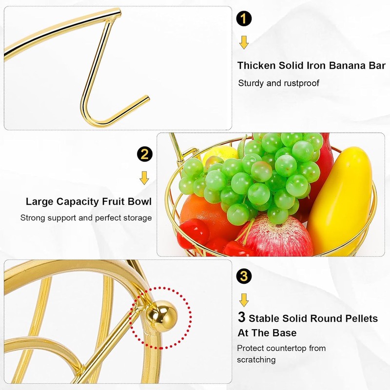 Livabber Countertop Fruit Basket Bowl with Banana Hanger, Modern Standing