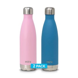 MIRA 2 Pack 17 Oz Cola Shaped Insulated Stainless Steel Water Bottle - Double Walled Vacuum Insulated Thermo Flask - Metal Sports Bottle - Rose Pink & Hawaiian Blue