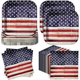 Funnymoom 100 Pcs Retro Independence Day Party Supplies Stars and Stripes 7 Inches Disposable Paper Plates and 13 Inches Napkins for 4th of July American Memorial Day Patriotic Decorations, Serves 50