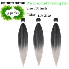 Pre Streched Braiding Hair Extensions 30 Inch 3 Packs Black to Gray Synthetic Colored Braiding Hair Crochet Braids Hair Hot Water Setting Soft Yaki Texture (30",1BGray)