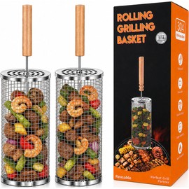 LIONQORE Rolling Grill Basket Set of 2, XL 304 Stainless Steel Grill Baskets for Outdoor Grill, Large BBQ Basket with Removable Wooden Handle for Vegetables, Fish, Wings, Shrimp and Camping