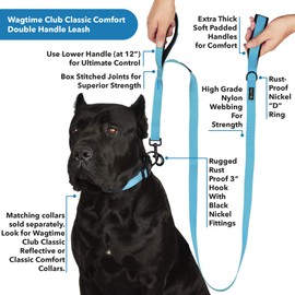 Wagtime Club Soft and Thick Double Handle Premium Nylon 4FT x 3/4 in Leash - Dual Neoprene Padded Handles for Ultimate Comfort and Control - for Medium to Large Dogs (Bright Blue)