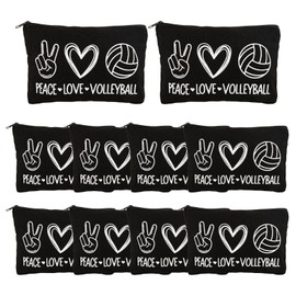 12 Pcs Volleyball Pouch Makeup Bag Love Pattern Volleyball Cosmetic Bag Travel Storage Bags Zippers Portable Storage Case Organizer Toiletry Bag Accessories Gifts for Players Teams Women (Black),