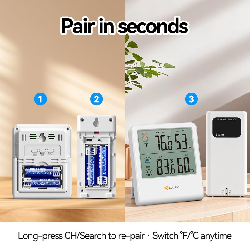 Indoor Outdoor Thermometer Hygrometer, Wireless Digital Temperature & Humidity Monitor