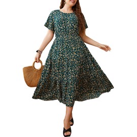 CUPSHE Women’s Plus Size Dress 2024 Summer Bohemian Midi Dresses Short Sleeve A Line Flowy Beach Sundress 2XL Green/Floral