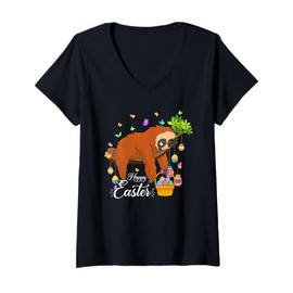 Womens Happy Easter Day Cute Sloth Holding Easter Egg Basket Kids V-Neck T-Shirt