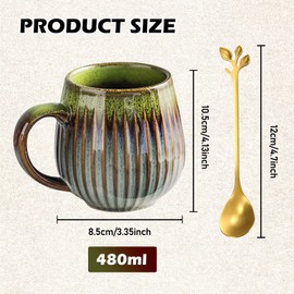 Kaffeetasse aus Keramik mit Griff, 480 ml Kaffeetasse Groß 2er-Pack, Kaffeetassen aus Porzellan Mit 2 Goldenen Löffeln, Große Teetasse, Keramik Tasse für Getränke, Kaffee, Milch, Hellblau,Tintengrün