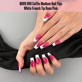 NOVO OVO White French Tip Coffin Nail Tips Press on, ROSE PINK, Extra Thick Medium Soft Gel Fake Nail Acrylic Extension, Need Builder Gel Top Coat, No Glue Included, for Salon DIY 15 Sizes x 240 pcs