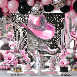 Ufeela Cowgirl Backdrop Disco Let's Go Girl Birthday Western Pink Sliver Cool Girly Boots Retro Vintage Glitter Diomand 7Wx5H Feet Fabric Polyester Photography Background Banner Photo Shoot Decor Prop