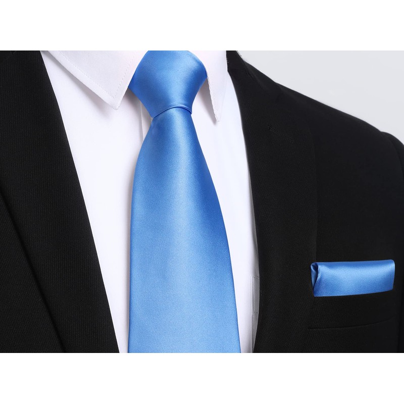 HISDERN Tie Extra Long Plain Light Blue Men's Tie Handkerchief