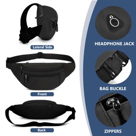 YONEEKSS Bum Bag Black Fanny Pack for Women Men Fashion Festival Waist Bag with 2 Zip Pockets and Adjustable Strap for Walking Dog Outdoor Biking Hiking Running Sport