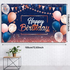 Happy Birthday Decorations Backdrop, Glitter Birthday Backdrop Sign, Happy Birthday Banner, Birthday Party Supplies Photo Background for Children Men Women, 72.8 x 43.3 Inch (Rose Gold and Navy Blue)