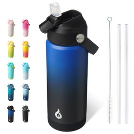 BJPKPK Insulated Water Bottle with Straw Lid, 18oz Thermo Water Bottles, Flex Handle & Non-slip Boot, BPA Free Leak Proof Stainless Steel Metal Thermo, Tumblers, Cups,Black Blue