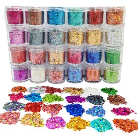 Holographic Chunky Glitter Mix Flake Sequins, Set of 24 Laser Colors Cosmetic Glitter for Nail Art,Crafts,Eye,Face,Hair,Makeup,Slime,Tumbler (24Colors Each 6ML)