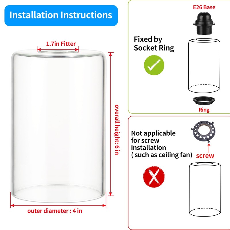 Skelang Clear Lip-less Glass Lamp Shade, Cylindrical Light Cover with