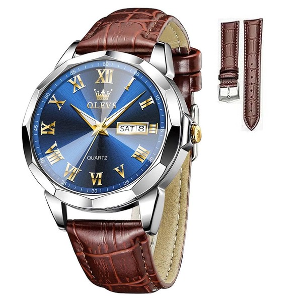 OLEVS Watches for Men Leather Watch Brown Watch Blue Face