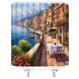 YNFUQANLN Italy Shower Curtain Vintage Italian Seaside Town Street Mountain Mediterranean Landscape Fabric Bathroom Decor Curtain with Hooks, 1816AL
