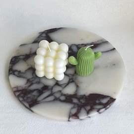 StonePlus Natural Round Marble Tray Glossy Pastry Board for Dessert, Cheese, Coffee, Smooth on Both Sides (Calacatta Violet Purple)