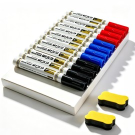 SukiMM Dry Erase Markers, Medium Point, Dry Erase Pen, Water-based Marker Pen (Red, Black, Blue) with Eraser, Black Board Markers, Erasable Markers, Set of 12, 3 Colors, Whiteboards, Signs, Suitable