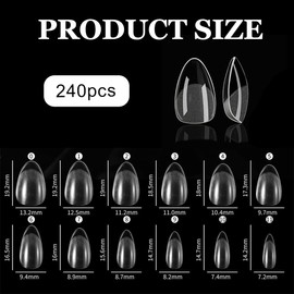 MEXRUMI Nail Tips, 240 Pieces Almond Nail Tips, Full Cover Nail Tips Set, Tips Set, Artificial Nails for Sticking, Nail Art Diy, 12 Sizes, Short Almond