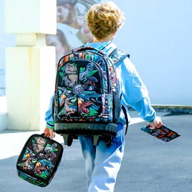 3PCS Rolling Backpack for Boys, 21 Inch Water Resistant Dinosaur Backpacks with Roller Wheels, Wheeled Bookbag for Teens Boys Elementary School Travel