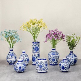 Dandat 8 Pcs Mini Chinoiserie Bud Vases Ceramic Blue and White Floral Chinese Porcelain Vase Set for Shelf Table Centerpieces Home Decor(Vintage)