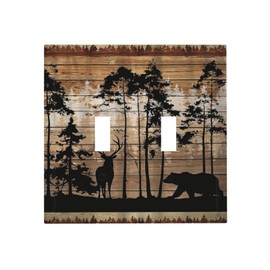 WMHUSU Decorative Light Switch Plate Covers Abstract Bear Deer Forest on Brown Wood Plank 2 Gang Wall Plate Double Toggle Switch Cover Plate Electric Dual Device Electrical Faceplate (2 Pack)