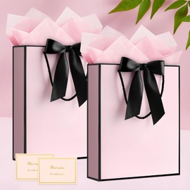 JMANNI Gift Bag, 1PCS Gift Bags with Ribbon and 1 Greeting Cards 2 Tissue Paper, Portable Paper Gift Bag with Handles, Birthday Gift Bags,Present Bags for Wedding Party Mothers Day(Pink-Black)