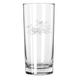 MIP 15 oz Tall Beverage Drinking Glass Highball Tumbler Gift Dragonfly Flower Blooms