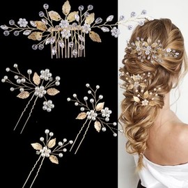4 Pieces Bridal Wedding Hair Pins Gold Leaf Crystal Pearl Hair Pins Clips