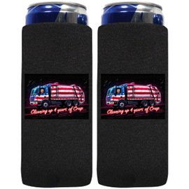 QualityPerfection Slim Can Cooler Sleeves, (2 units) Flag Beer/Energy Drink Skinny 12 oz 4mm Neoprene Can Holder (Trump 2024 - Cleaning Up 4 Years of Crap)
