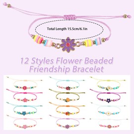 Hopton 12 Pcs Colorful Girls Bracelets, Flat Flower Bead Adjustable BFF Friendship Bracelets, Cute Girls Party Bag Fillers, Inspirational Bracelet for Women Kids Teens
