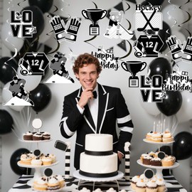 Sursurprise Black Hockey Birthday Decorations, 24PCS Ice Hockey Hanging Swirls Ceiling Streamers for Sports Bday Party Supplies