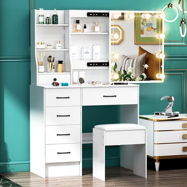 Makeup Vanity with Sliding Mirror and Lights, Modern Vanity Table