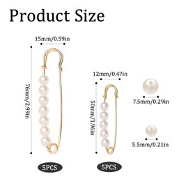 Nzexlyva 10 Pcs Large Safety Modesty Pins with Pearl, Fancy Gold Safety Pin for Clothes, Vintage Women Brooches for Hat Kilt Blanket Shirts Cardigans Skirts Pants (1.9inch / 2.9inch)