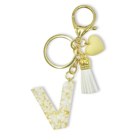 SJUIEO Letter Keychain,Heart Shaped Keychain,Handbag Charm for Women Girls Keychain,Backpack Keychain (Letter V), beige