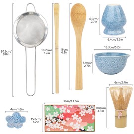 8Pcs Blue Matcha Set–Ceramic Matcha Bowl, Matcha Whisk with Sakura Charm Complete Japanese Matcha Kit with Whisk, Scoop, Sifter & Cloth
